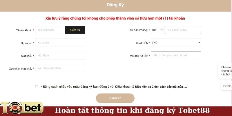 Hoàn tất thông tin khi đăng ký Tobet88