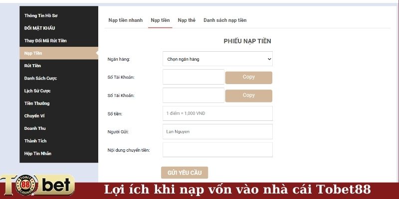 Lợi ích khi nạp vốn vào nhà cái Tobet88